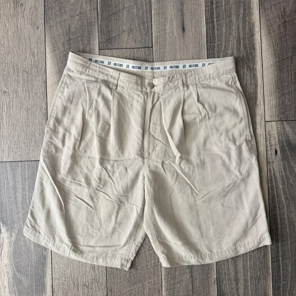 Solitude Pleated Linen Blend Shorts Beige Tan Mens 36 Tropical Lining Chino Golf